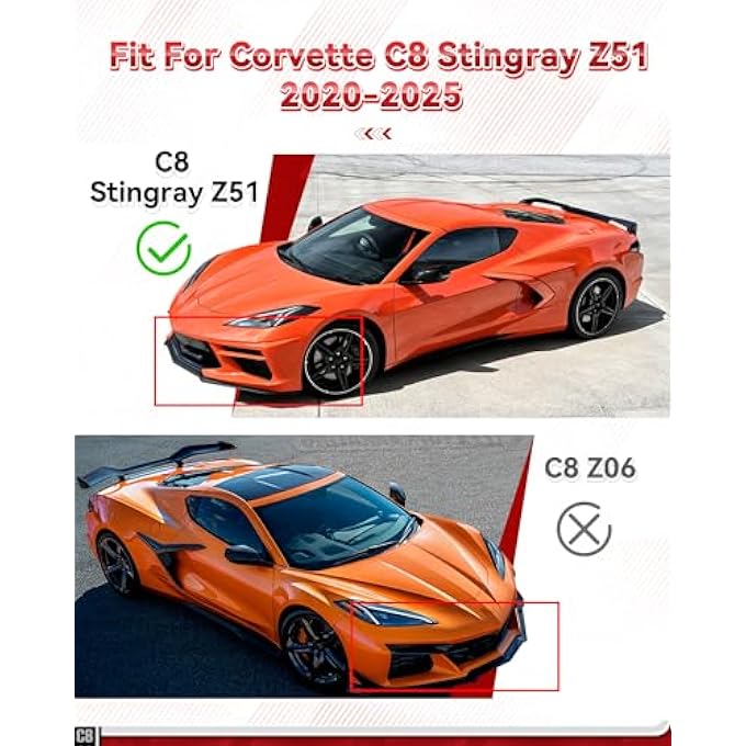 etesan Carbon Fiber Painted C8 Front Splitter Fit for Corvette C8 Stingray Z51 2020-2025 ABS Front Bumper Lip Splitter Replacement Kit OEM #84869770 3PCS - Image 2