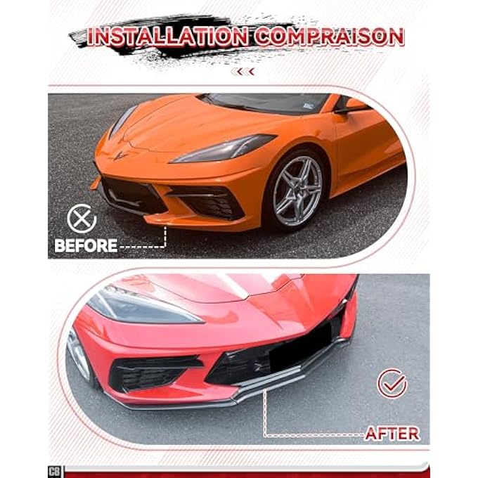 etesan Carbon Fiber Painted C8 Front Splitter Fit for Corvette C8 Stingray Z51 2020-2025 ABS Front Bumper Lip Splitter Replacement Kit OEM #84869770 3PCS - Image 3