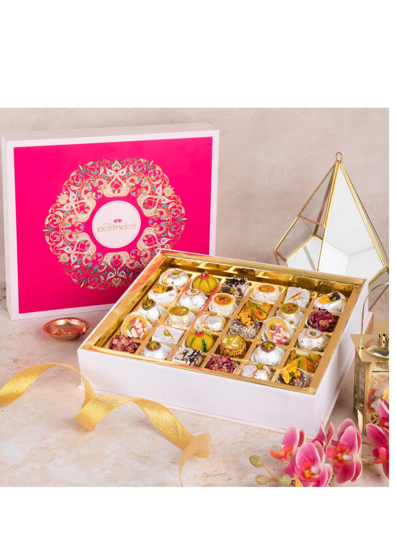 my Govindas - Diwali Gift 30 Pcs Premium sweets in fancy box pink & white - Image 1