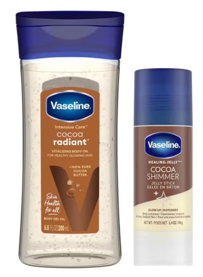 Vaseline Intensive Care Cocoa Radiant Body Gel Oil 200ml & Vaseline Healing Jelly Cocoa Shimmer Stick 40gm - For Healthy Glowing Skin.
