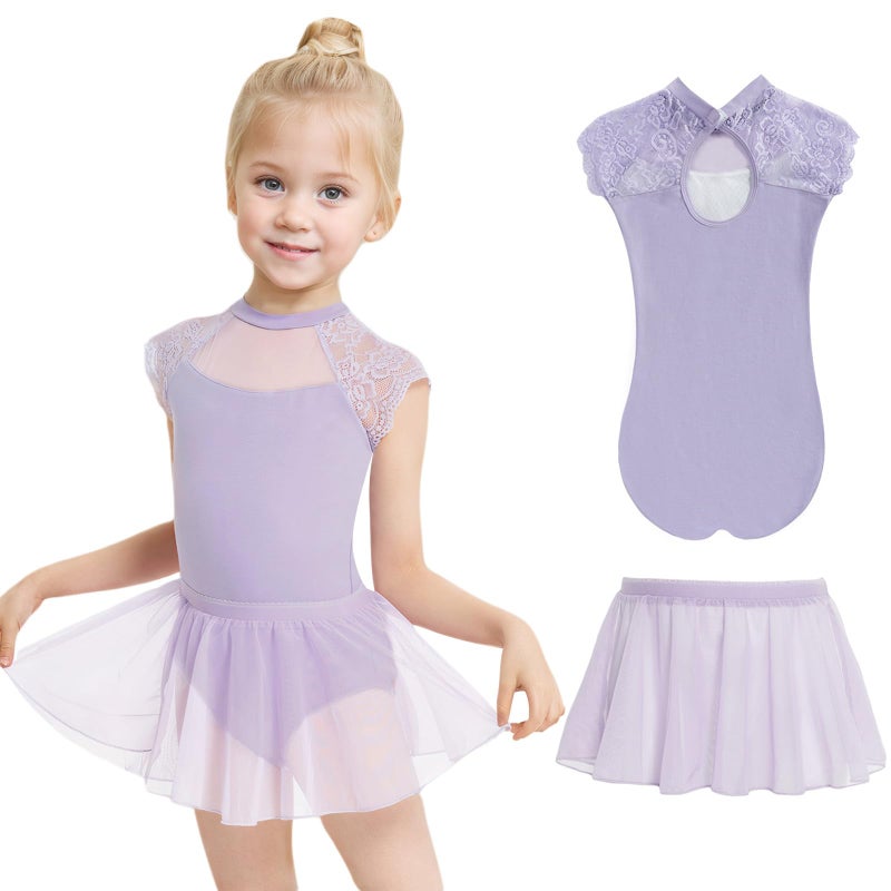 Gogokids Ballet Leotards for Girls Dance Leotards Toddler Hollow Back Lace Dance Dress with Removable Skirt Combo, Purple(120/4-5T) - Image 1