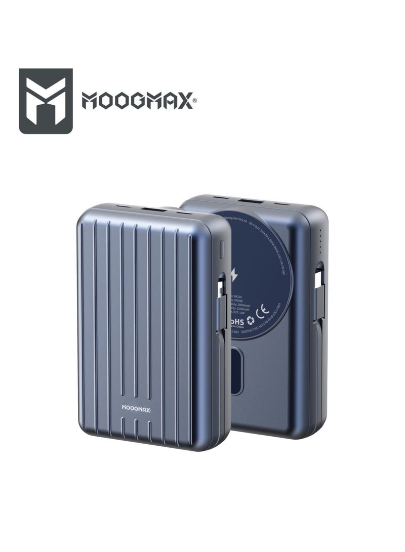 MOOGMAX MX219 MOOGMAX (PRONE) Trunk Series Retro 20000mAh Magnetic Wireless Power Bank – 4-in-1 Super Fast Charger with Built-in Cables Provides Extended Battery Life For Your Smartphone, Tablet, and Other USB-Powered Devices—Ideal For Heavy Users and Travelers (BLUE). - Image 3