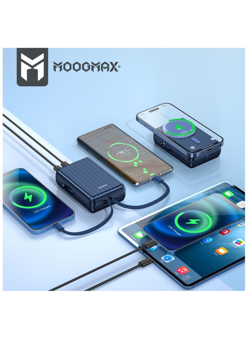 MOOGMAX MX219 MOOGMAX (PRONE) Trunk Series Retro 20000mAh Magnetic Wireless Power Bank – 4-in-1 Super Fast Charger with Built-in Cables Provides Extended Battery Life For Your Smartphone, Tablet, and Other USB-Powered Devices—Ideal For Heavy Users and Travelers (BLUE). - Image 4