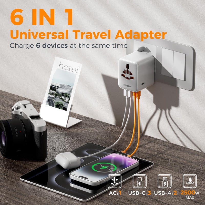تيسان TESSAN 28W Universal Travel Adapter Worldwide with 3 USB C and 2 USB A - Image 2