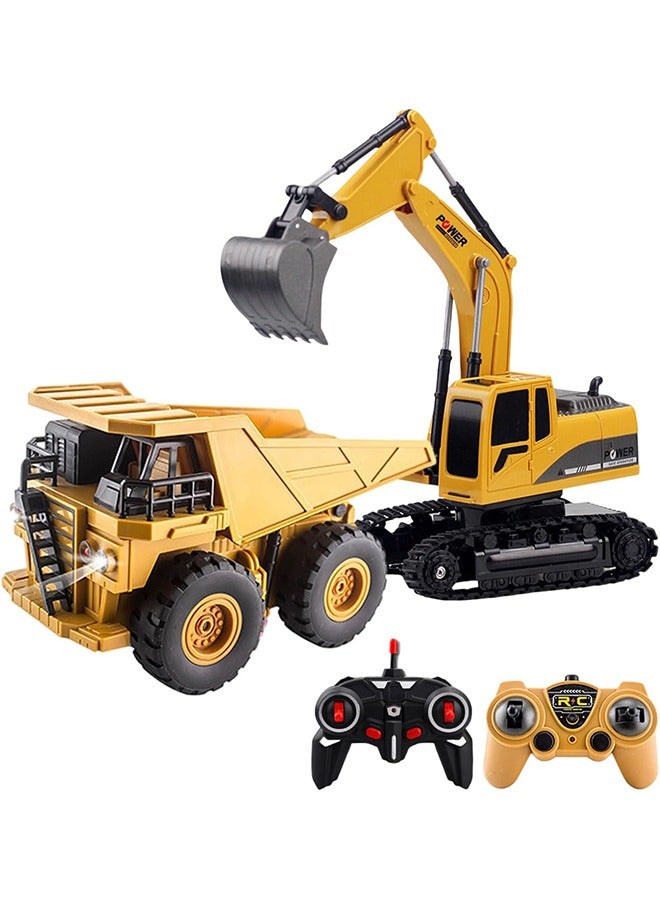AL RAID 2 PCS Remote Control Construction Vehicle Toy Set, Friction-Powered RC Excavator & RC Dump Truck with Lights and Sounds for Imaginative Play, Birthday Gifts for Toddlers Boys Girls - Image 1