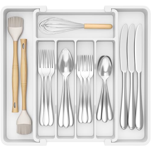 Lifewit Silverware Drawer Organizer, Expandable Utensil Tray for Kitchen, BPA Free Flatware and Cutlery Holder, Adjustable Plastic Storage for Spoons Forks Knives, 8.5-14 x 12", White - Image 1
