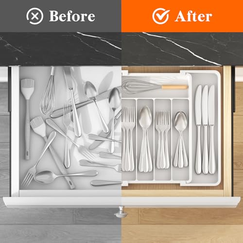 Lifewit Silverware Drawer Organizer, Expandable Utensil Tray for Kitchen, BPA Free Flatware and Cutlery Holder, Adjustable Plastic Storage for Spoons Forks Knives, 8.5-14 x 12", White - Image 4