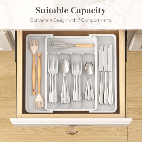 Lifewit Silverware Drawer Organizer, Expandable Utensil Tray for Kitchen, BPA Free Flatware and Cutlery Holder, Adjustable Plastic Storage for Spoons Forks Knives, 8.5-14 x 12", White - Image 3
