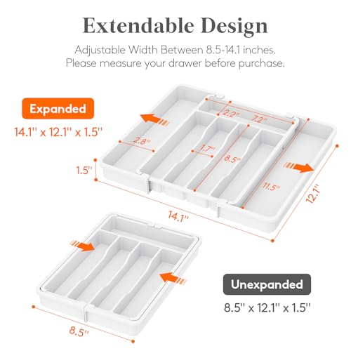 Lifewit Silverware Drawer Organizer, Expandable Utensil Tray for Kitchen, BPA Free Flatware and Cutlery Holder, Adjustable Plastic Storage for Spoons Forks Knives, 8.5-14 x 12", White - Image 2