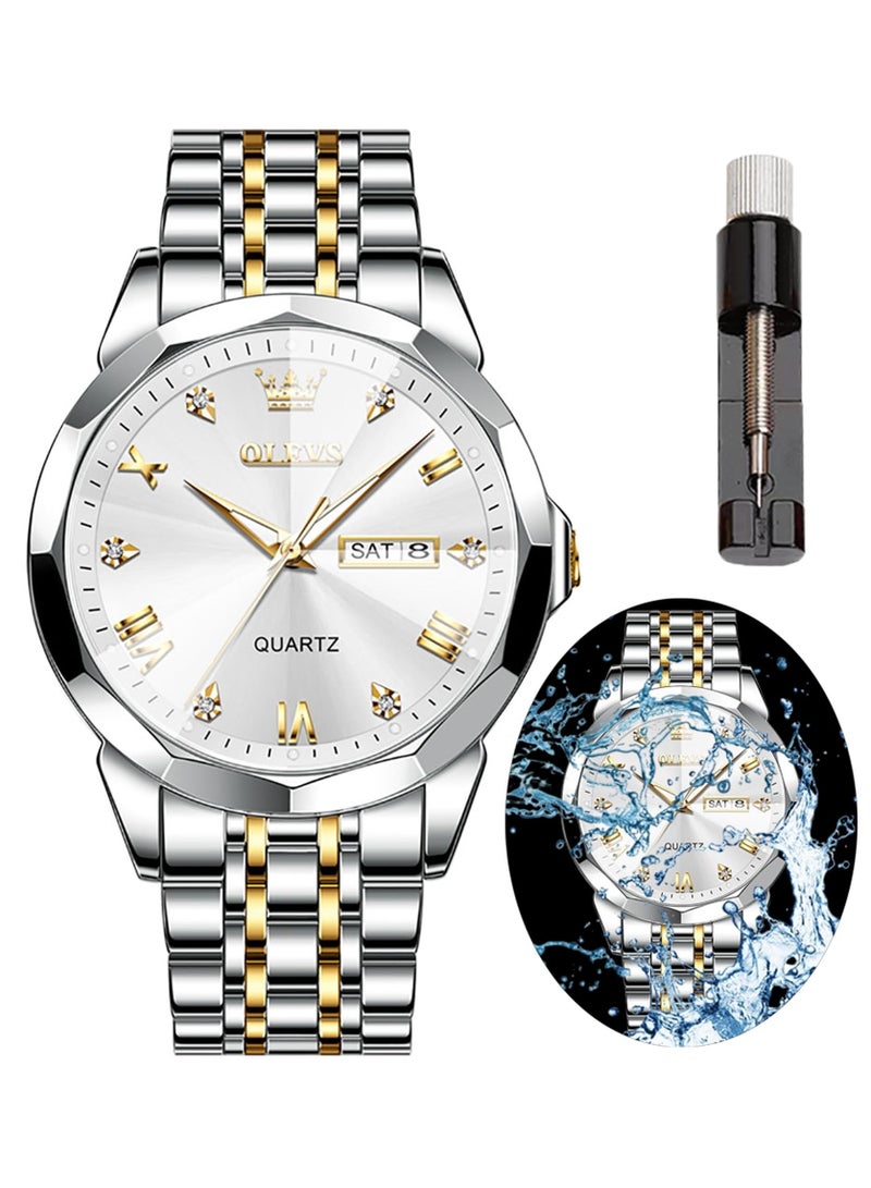 أوليفز ساعة يد فاخرة للرجال بحركة كوارتز من الفولاذ المقاوم للصدأ والماء، ومزودة بخاصية عرض التاريخ مضيئة بلونين - Image 1