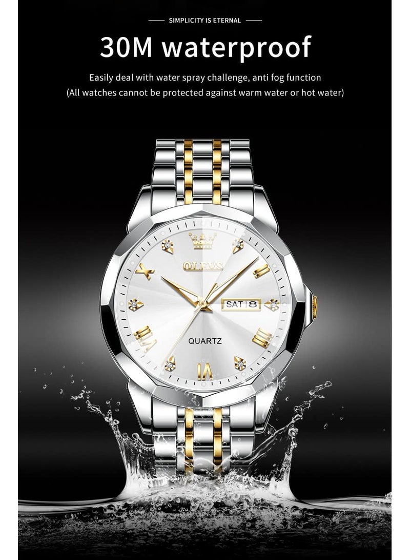 أوليفز ساعة يد فاخرة للرجال بحركة كوارتز من الفولاذ المقاوم للصدأ والماء، ومزودة بخاصية عرض التاريخ مضيئة بلونين - Image 3