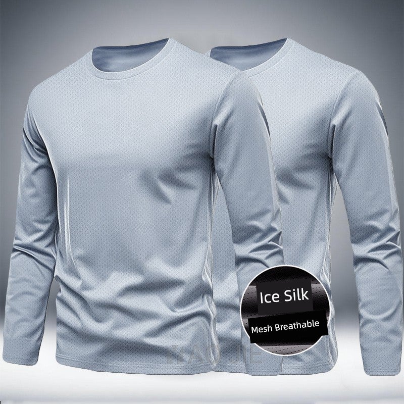Spring and summer plus size ice silk mesh men's quick-drying long-sleeved round-neck sports running clothes fat T-shirt fitness training clothes - Image 3