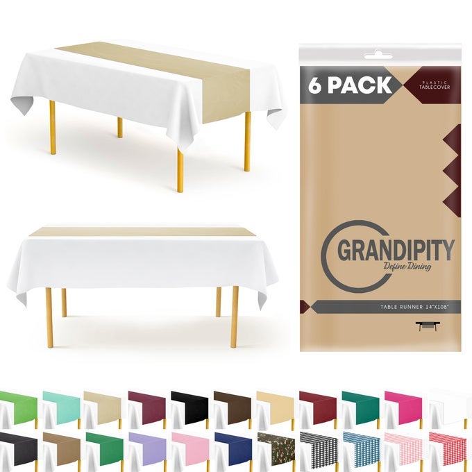 BEIGE 6 PACK PREMIUM DISPOSABLE PLASTIC TABLE RUNNER 14 X 108 INCH TABLE RUNNER FOR DINNER PARTIES EVENTS BY
