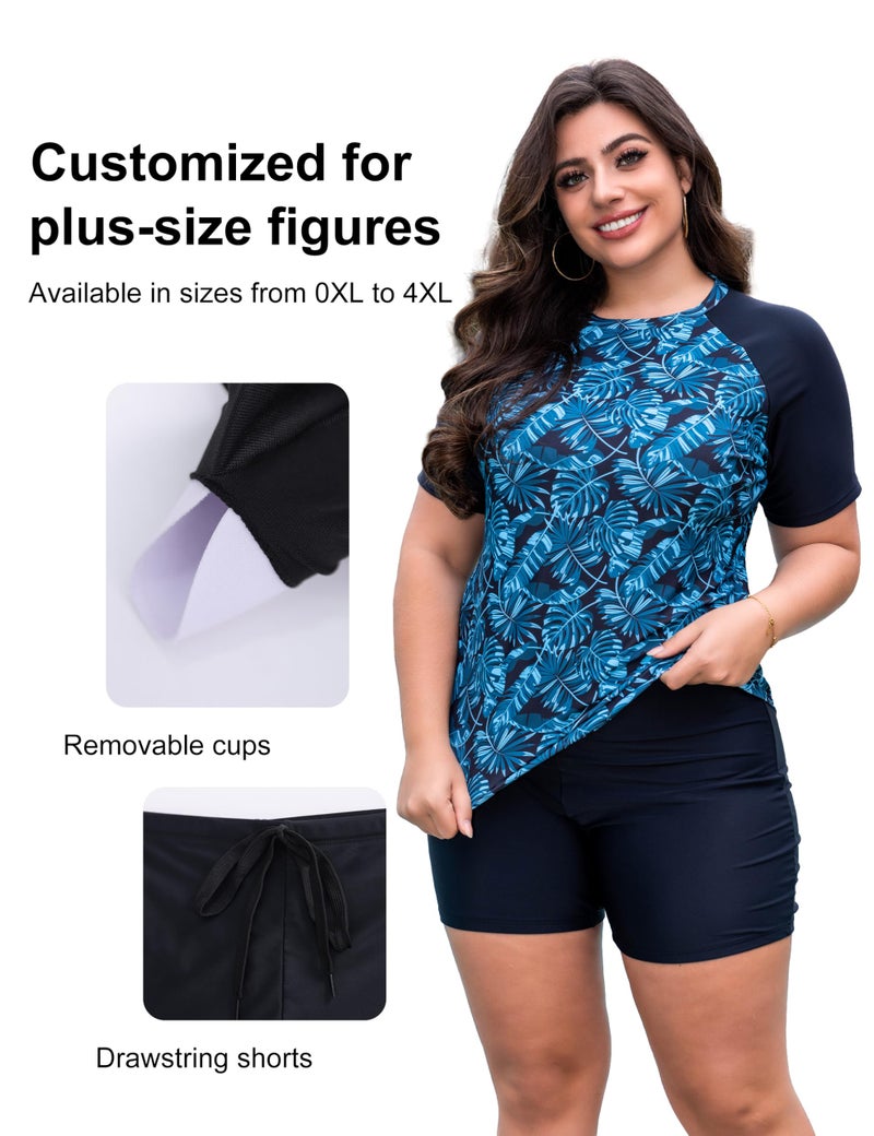 Tralilbee Women's Plus Size Tankini Swimsuits Rash Guard Capris Short Sleeve Color Block Bathing Suits with Shorts, Color508, 2X - Image 4