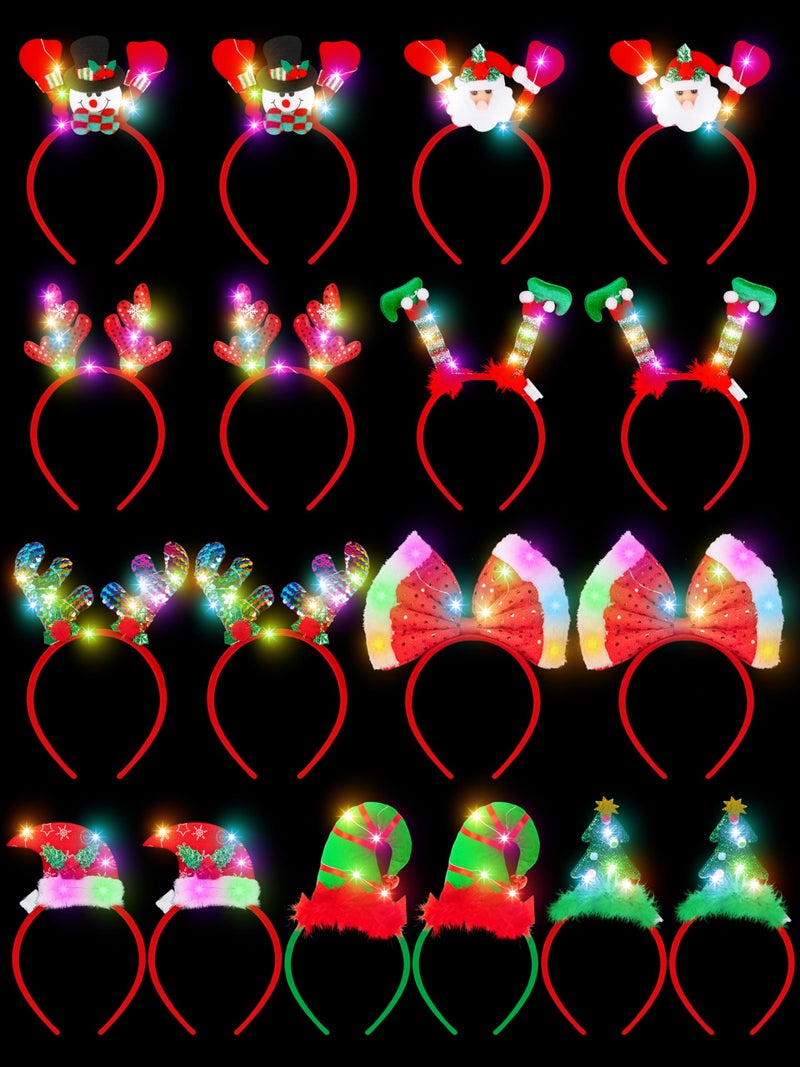 HOVACY 18 Pcs Light Up Christmas Headband Chrstmas LED Lighting up Headbands Chrismas Tree Santa Hat Elf Hat Xmas Headwear Christmas Decorations for Xmas Party Favors Costume Decor Supplies - Image 3