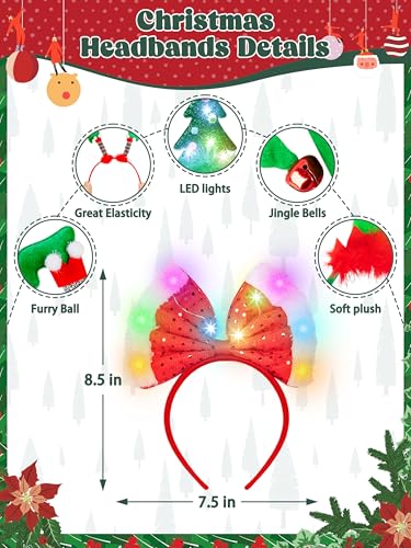 HOVACY 18 Pcs Light Up Christmas Headband Chrstmas LED Lighting up Headbands Chrismas Tree Santa Hat Elf Hat Xmas Headwear Christmas Decorations for Xmas Party Favors Costume Decor Supplies - Image 5