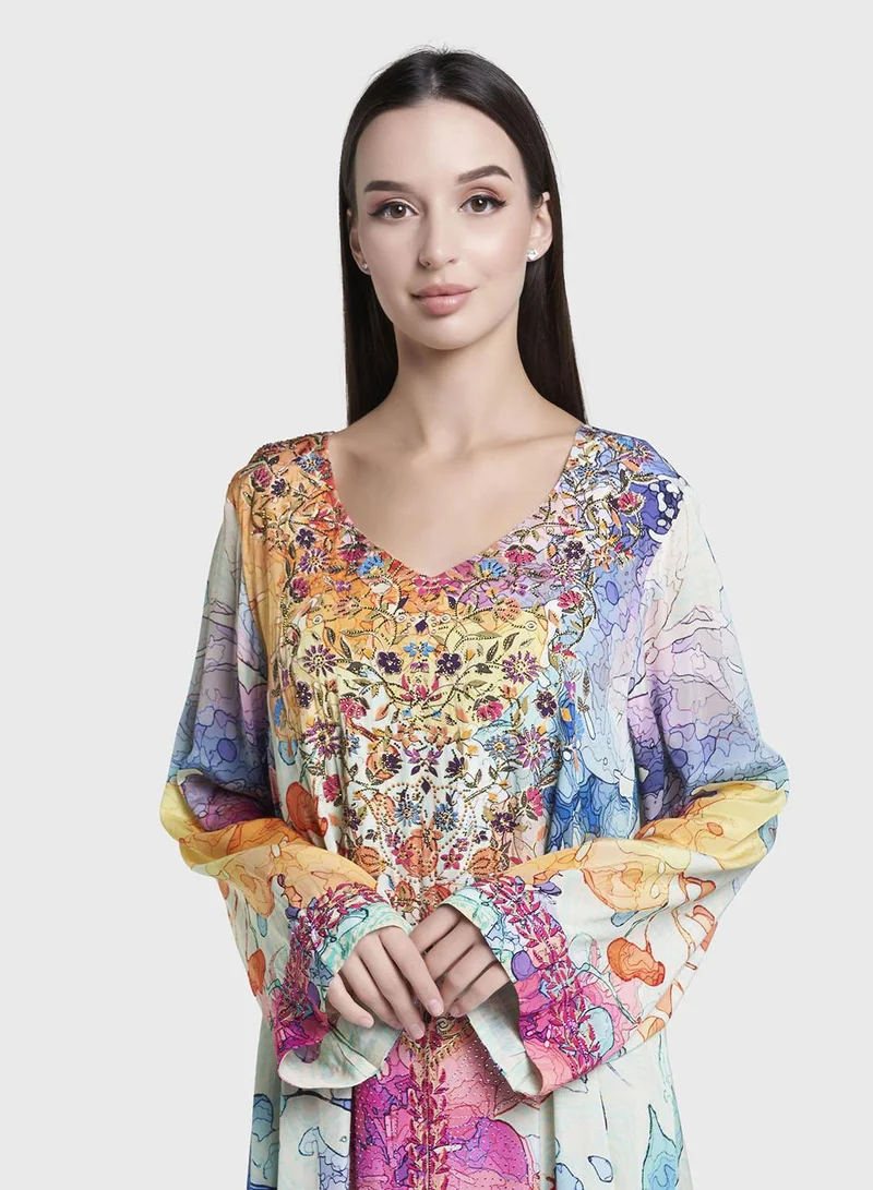 كشخة Multicolour Abstract Print Viscose Crepe Stonework Jalabiya (VDC139)