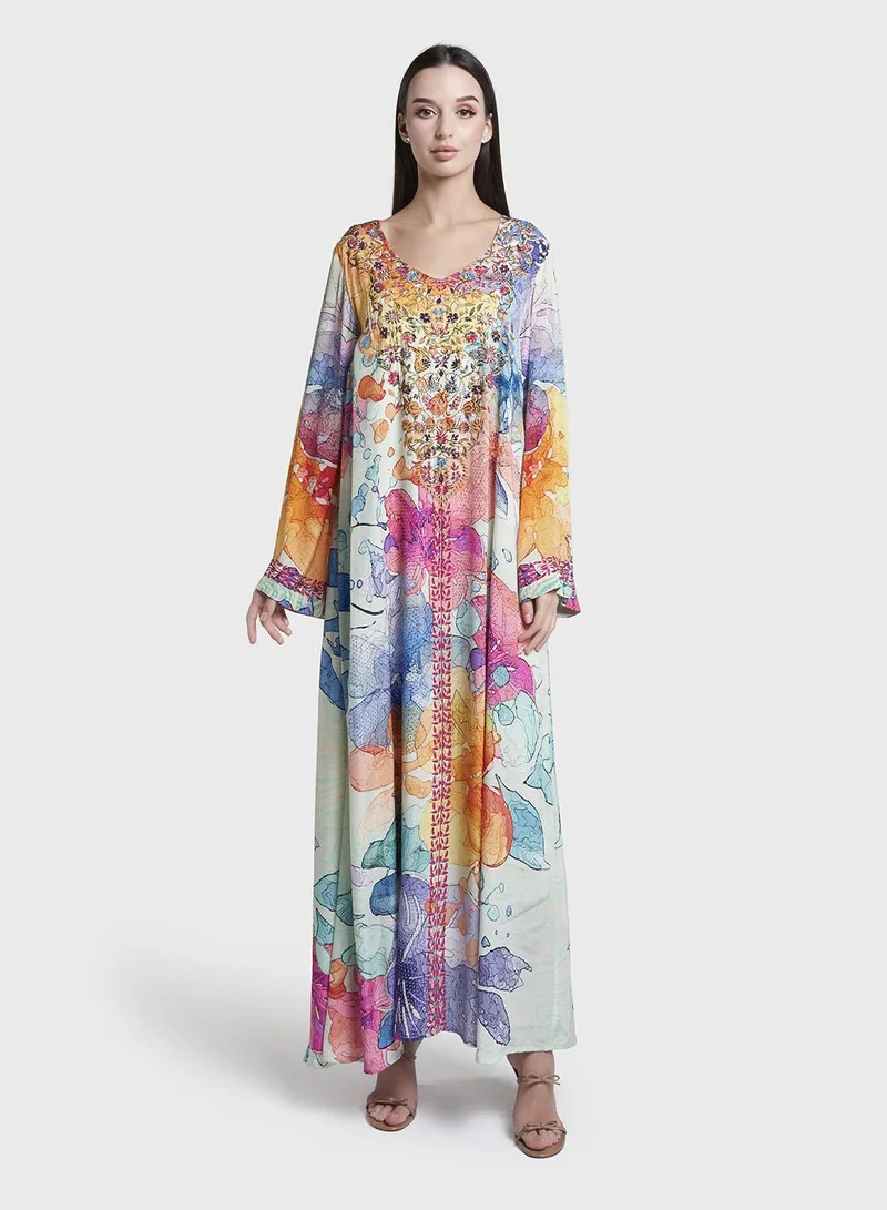 كشخة Multicolour Abstract Print Viscose Crepe Stonework Jalabiya (VDC139)
