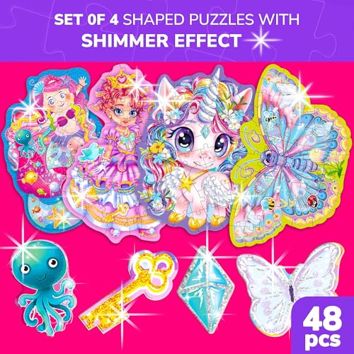 QUOKKA Shimmery Puzzles for Kids Ages 46 48 Piece Shaped Jigsaw Puzzles for Toddlers 35 4Pack Princess Mermaid Butterfly Unicorn Childrens Game Ages 48 Unique Gift Toy for Preschoolers - Image 5