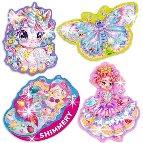 QUOKKA Shimmery Puzzles for Kids Ages 46 48 Piece Shaped Jigsaw Puzzles for Toddlers 35 4Pack Princess Mermaid Butterfly Unicorn Childrens Game Ages 48 Unique Gift Toy for Preschoolers - Image 1