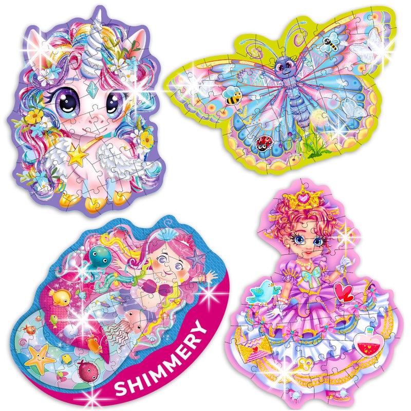QUOKKA Shimmery Puzzles for Kids Ages 46 48 Piece Shaped Jigsaw Puzzles for Toddlers 35 4Pack Princess Mermaid Butterfly Unicorn Childrens Game Ages 48 Unique Gift Toy for Preschoolers - Image 3