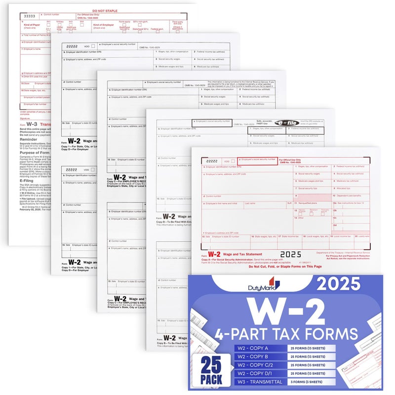 Dutymark W2 Tax Forms for 2025 4 Part, IRS-Compatible 4 Part W2 Tax Forms for 25 Employees - Kit of Laser Forms with 3 W3s, Compatible with Quickbooks Software & Laser, Inkjet Printers, - Image 1