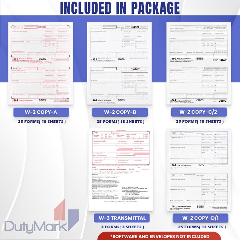 Dutymark W2 Tax Forms for 2025 4 Part, IRS-Compatible 4 Part W2 Tax Forms for 25 Employees - Kit of Laser Forms with 3 W3s, Compatible with Quickbooks Software & Laser, Inkjet Printers, - Image 2