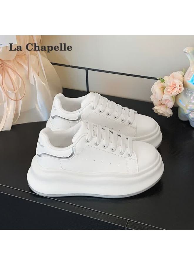 La Chapelle Women's White Shoes Autumn Winter New Small Size Thick Sole Height Increasing Sneakers Versatile Casual Shoes Beige Silver 40