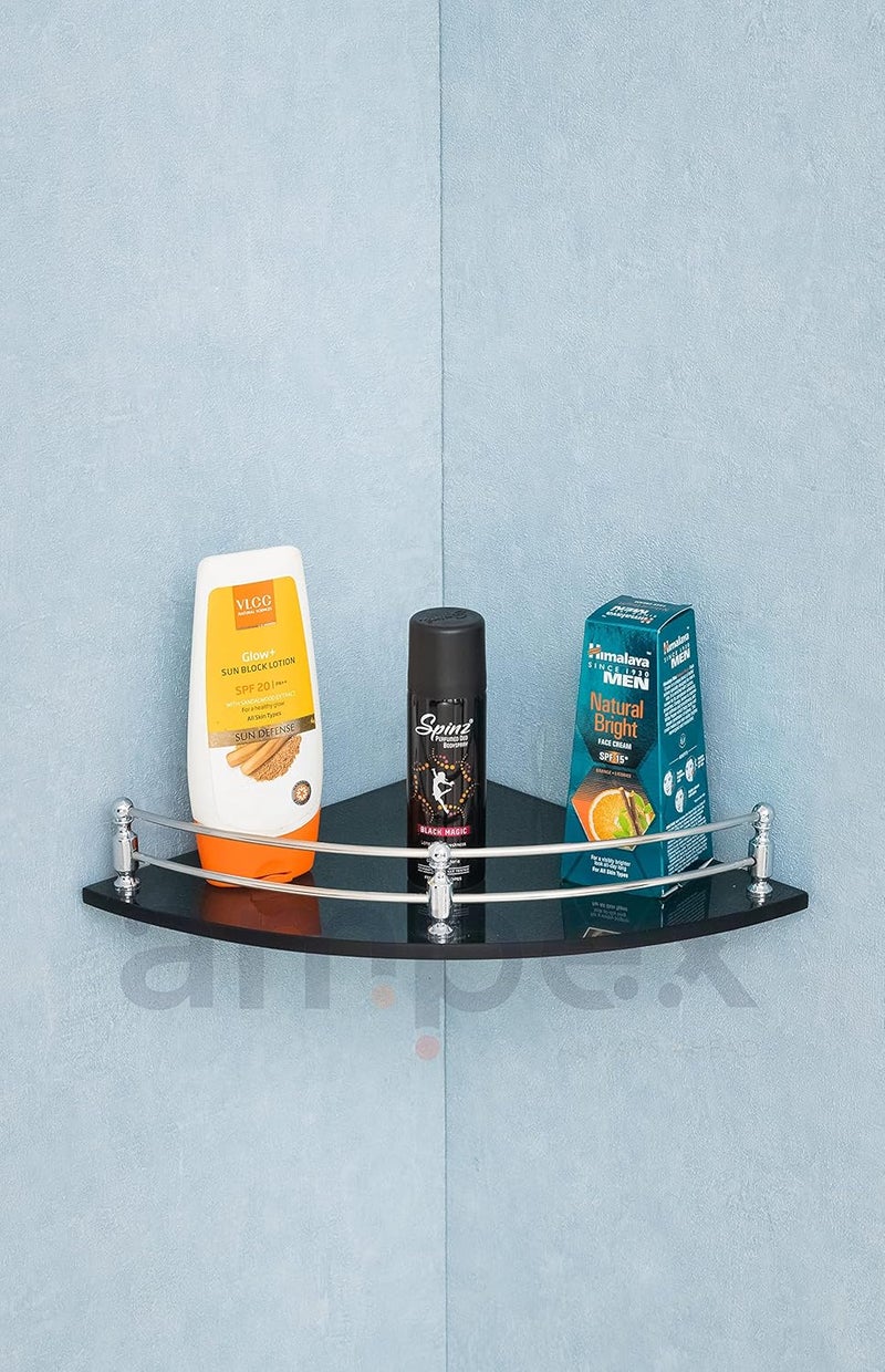 AMPEX Transparent Black Glass Corner Shelf for Bathroom and Kitchen AccesoriesWall ShelfStorage ShelfShelvesWall Mount Stand for Home Decore 9x9 InchesRound Pack of 1 - Image 1