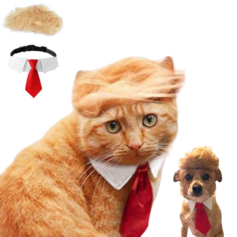 Urnat Pet Cat/Dog Blonde Wig with Tie - Iconic and Playful Toupee Hat, Cosplay Dress Up Clothing Costume Halloween Accessories (RedTie, L) - Image 1