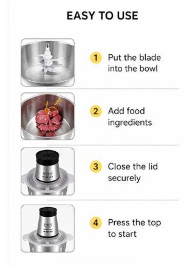 SILVER CREST Electric Food Chopper 3L 400W Stainless Steel Bowl Multi-Function Meat Grinder Vegetable Cutter 2 Speed Kitchen Processor - Image 2