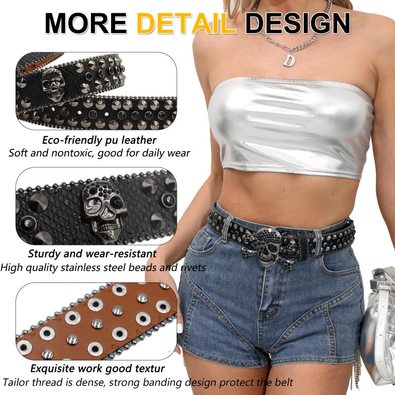 EVERBLTING Rhinestone Skull Belt for Men Women Studded Belts Y2k Punk Skull Belt Bling Stylish Rhinestone Cowgirl Belts - Image 3