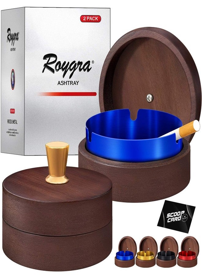 roygra Wooden Ash Tray with Lid (2 Pack), Outdoor Ashtray for Outside Patio, Smokeless Ashtrays for Cigarettes with 3 Holder, Smoking Accessories, Home Décor, Ashtrays for Smokers Indoor - Blue - Image 1