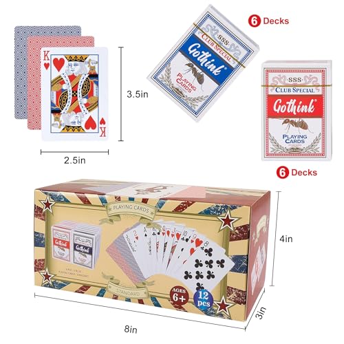 GOTHINK 12 Pack Standard Playing Cards with Plastic CoatingPoker Size Deck of Cards Index in 6 Red and 6 BluePaper Stock with Blue Core ConstructionCasino GradeFamily Game Poker Toy Gifts - Image 5