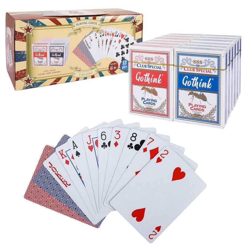 GOTHINK 12 Pack Standard Playing Cards with Plastic CoatingPoker Size Deck of Cards Index in 6 Red and 6 BluePaper Stock with Blue Core ConstructionCasino GradeFamily Game Poker Toy Gifts - Image 3
