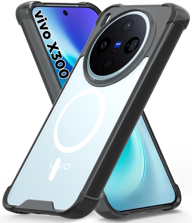 RIGGEAR Shockproof Clear Hybrid Airbag Armor Magnetic Back Cover Case Compatible with MagSafe Accessories for Vivo X300 5G (Clear-Black TPU Bumper + Transparent PC)(White) - Image 1