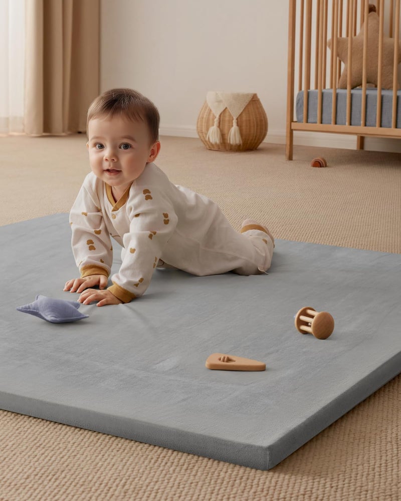 Blissful Diary 1.3" Thick Baby Play Mat, 50x50 Playpen Mat with Removable & Washable Cover, Ultra Soft Crawling Rug for Floor, Foam Cushion & Non-Slip Backing for Kid, Toddlers and Infants, Light Grey - Image 5