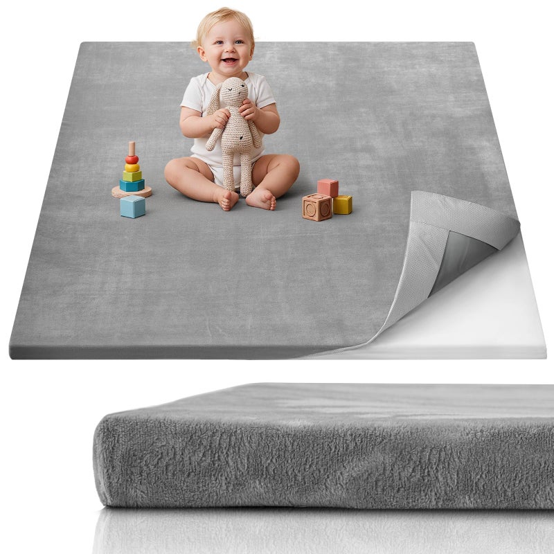 Blissful Diary 1.3" Thick Baby Play Mat, 50x50 Playpen Mat with Removable & Washable Cover, Ultra Soft Crawling Rug for Floor, Foam Cushion & Non-Slip Backing for Kid, Toddlers and Infants, Light Grey - Image 1