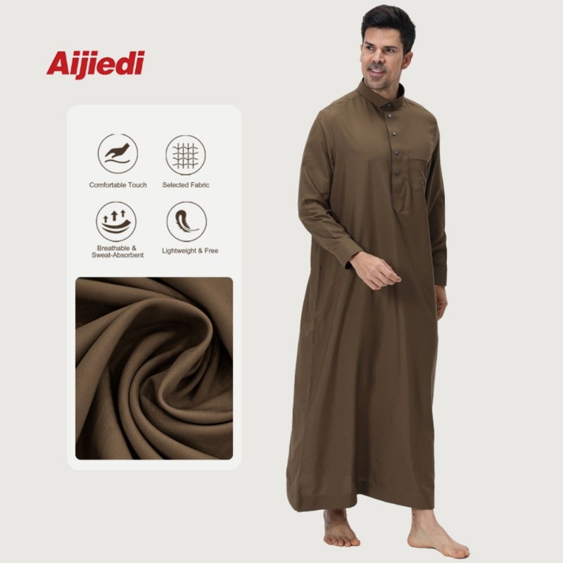SP0016 Temperament commuter men's stand-neck robe loose long-sleeved breathable skin-friendly long casual robe with pockets - Image 2