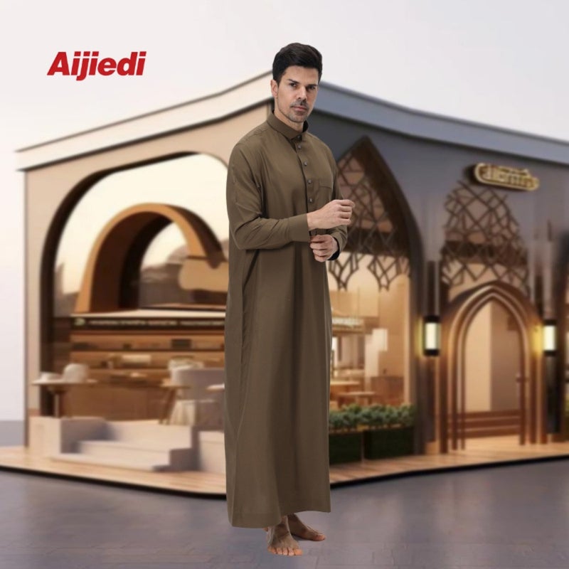 SP0016 Temperament commuter men's stand-neck robe loose long-sleeved breathable skin-friendly long casual robe with pockets - Image 1