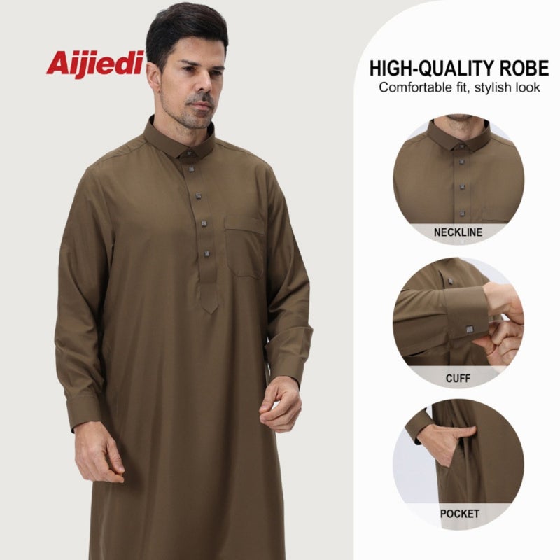 SP0016 Temperament commuter men's stand-neck robe loose long-sleeved breathable skin-friendly long casual robe with pockets - Image 3