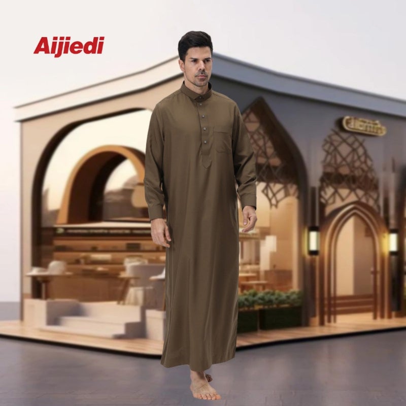 SP0016 Temperament commuter men's stand-neck robe loose long-sleeved breathable skin-friendly long casual robe with pockets - Image 4