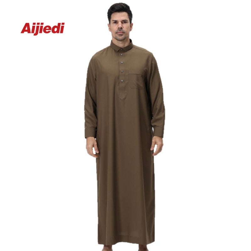 SP0016 Temperament commuter men's stand-neck robe loose long-sleeved breathable skin-friendly long casual robe with pockets - Image 5