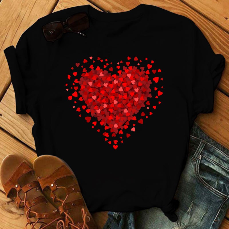 GTETKDE Women's Valentine's T-Shirts Cute Love Heart T Shirts Casual Short Sleeve Tee for Lover BlackM - Image 2