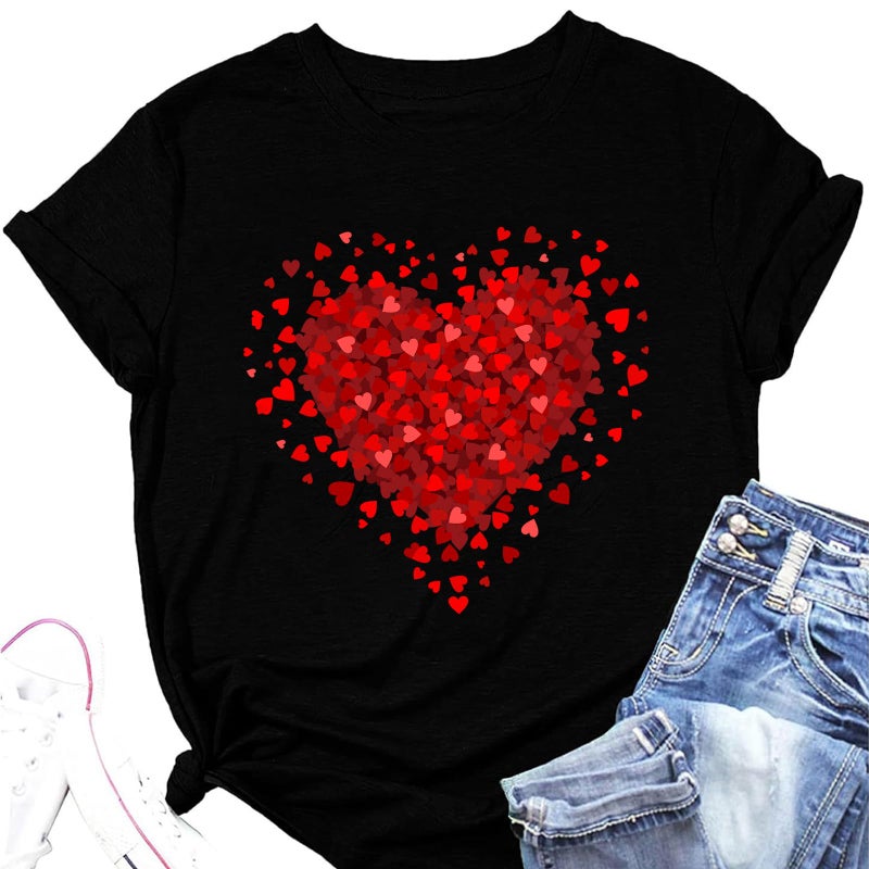GTETKDE Women's Valentine's T-Shirts Cute Love Heart T Shirts Casual Short Sleeve Tee for Lover BlackM - Image 1