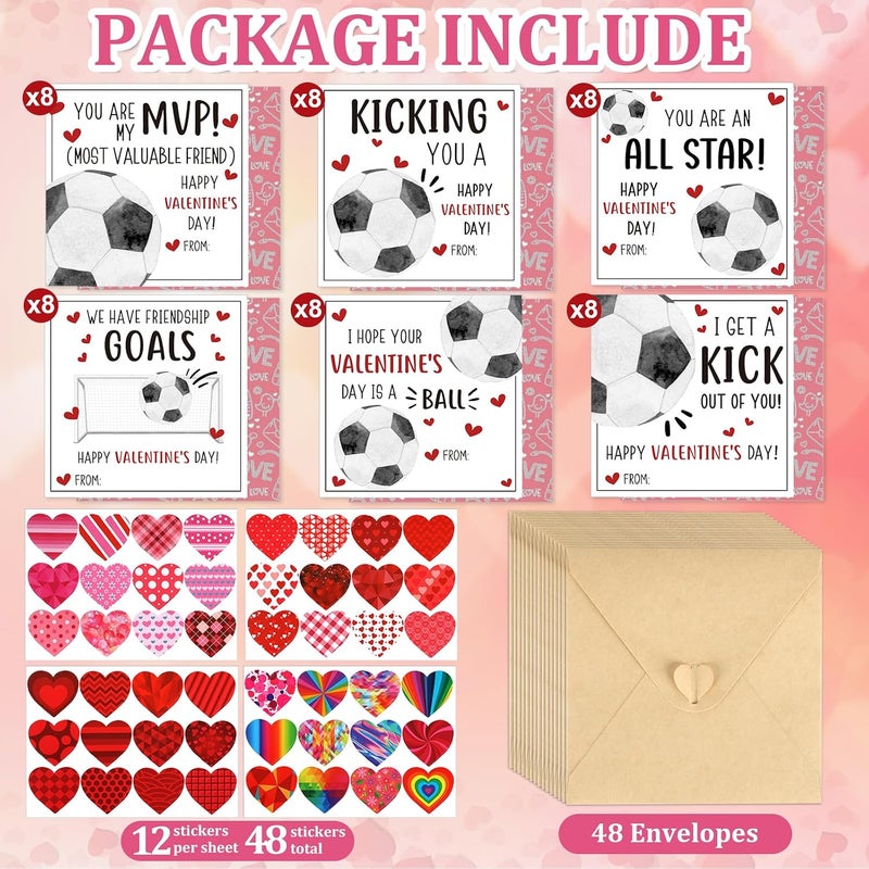 Hedeey 48 Pack Valentines Day Cards for Kids Classroom Soccer Valentine's Day Exchange Greeting Cards with Envelopes and Heart Stickers for Kids Classroom School Party Favors 4.3 * 4.3 inch - Image 4