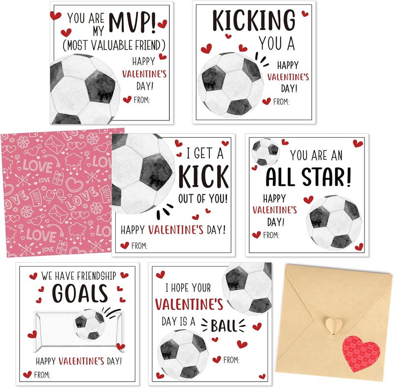 Hedeey 48 Pack Valentines Day Cards for Kids Classroom Soccer Valentine's Day Exchange Greeting Cards with Envelopes and Heart Stickers for Kids Classroom School Party Favors 4.3 * 4.3 inch - Image 1