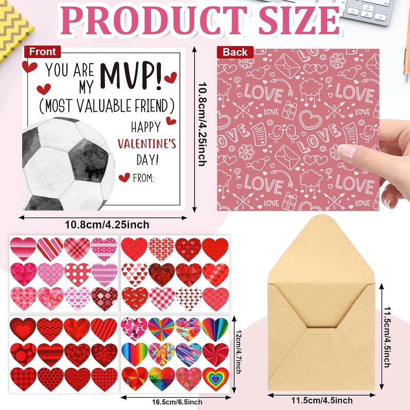 Hedeey 48 Pack Valentines Day Cards for Kids Classroom Soccer Valentine's Day Exchange Greeting Cards with Envelopes and Heart Stickers for Kids Classroom School Party Favors 4.3 * 4.3 inch - Image 2
