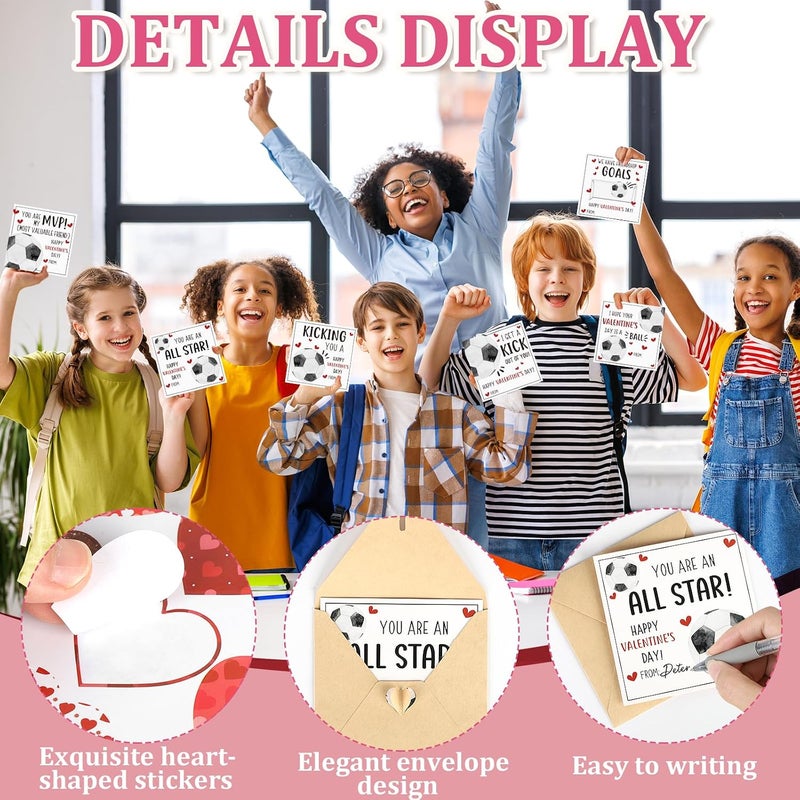 Hedeey 48 Pack Valentines Day Cards for Kids Classroom Soccer Valentine's Day Exchange Greeting Cards with Envelopes and Heart Stickers for Kids Classroom School Party Favors 4.3 * 4.3 inch - Image 3