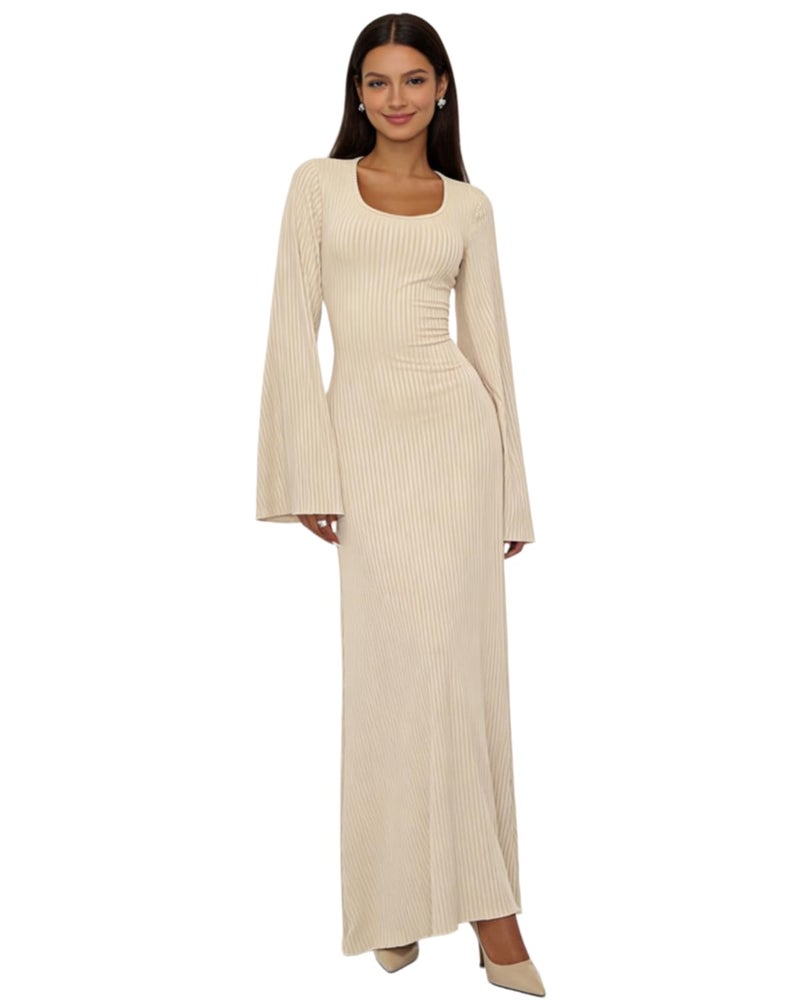 ZGMYC Women's Scoop Neck Lace Up Ribbed Maxi Dress Knit Flare Sleeve Bodycon Dress Loose Casual Long Dresses Apricot - Image 1
